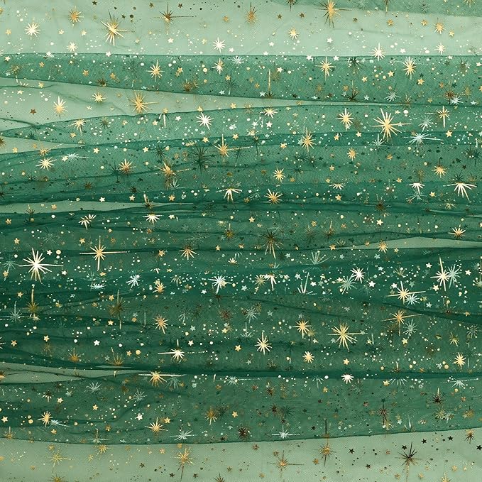 Horaldaily Green Gold Sparkling Star Gauze Tablecloth 60x84 Inch Rectangular, Golden Star Sequin Glitter Metallic Foil, Sheer Tulle Cheesecloth for Wedding Baby Shower Party