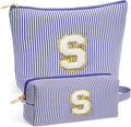 Travel Cute Makeup Bag Set - Make up Cosmetic Bag for Women, Small Makeup Bag for Purse Makeup Kit | Blue Stuff Birthday Gifts for Women Travel Essentials, Blue Letter S