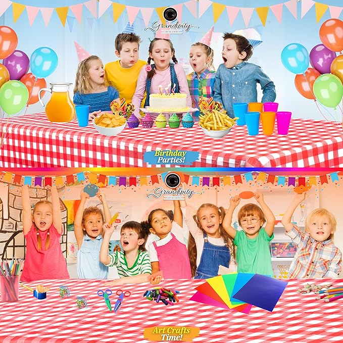 Grandipity 12 Pack Premium Disposable Plastic Picnic Tablecloth 54 Inch. x 108 Inch. Decorative Rectangle Table Cover - Red Checkered Gingham