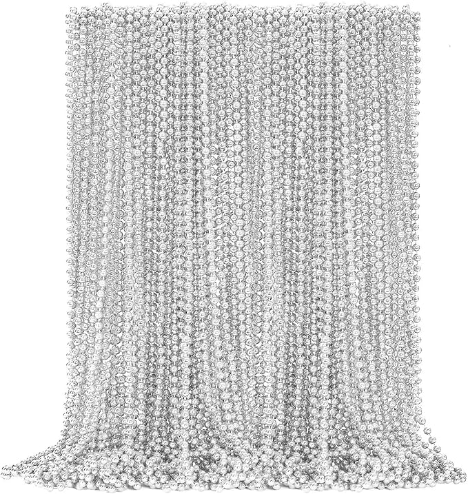 12PCS Bead Necklace, Silver Christmas Bead Necklace Party Favors Bulk, 33" Xmas Necklaces Costumes, Festival Events Parade Throw Accessory Sets for Xmas Mardi Gras Wedding Birthday Celebrations Decor