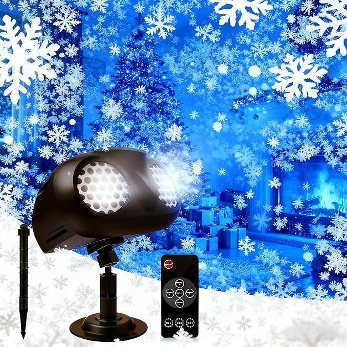 Christmas Projector Lights Outdoor, Dual Head Dynamic Snowflake Projector with RF Remote & Timer, IP65 Waterproof 360° Rotating LED Snow Projection for Garden, Patio, Wall, Indoor/Outdoor Decoration