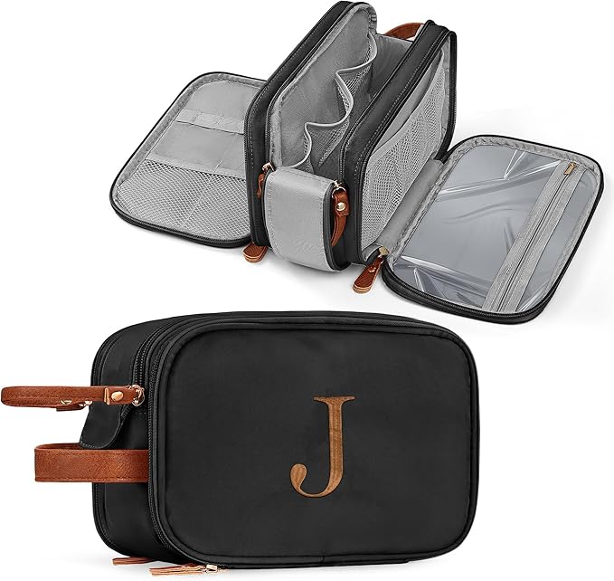 YOOLIFE Mens Travel Bag Toiletry, Makeup Bags for Women, Dopp Kit Men, Personalized Gifts for Women Men, Initial Black Toiletry Bag Water Resistant Travel Essentials Birthday Gifts Letter J Black