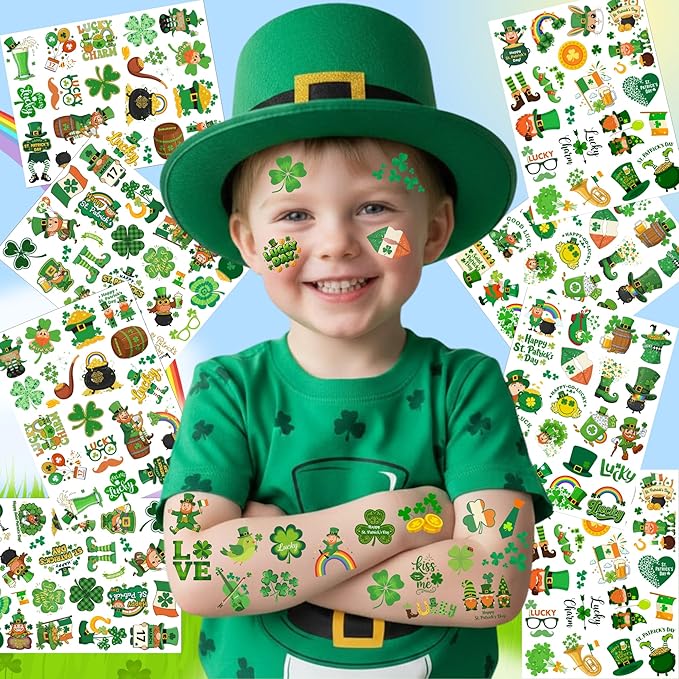 160PCS St Patricks Temporary Tattoos Stickers | St Patricks Party Favors Decorations Irish Holiday Green Clover Rainbow Shamrock Party Supplies Craft Gift Idea For Kids Boy Girl Teen Adult-8sheets