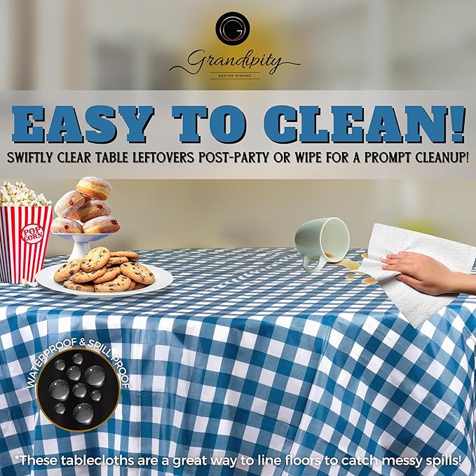 Grandipity 12 Pack Premium Disposable Plastic Picnic Tablecloth 84" Inch Decorative Round Table Cover - Blue Checkered Gingham