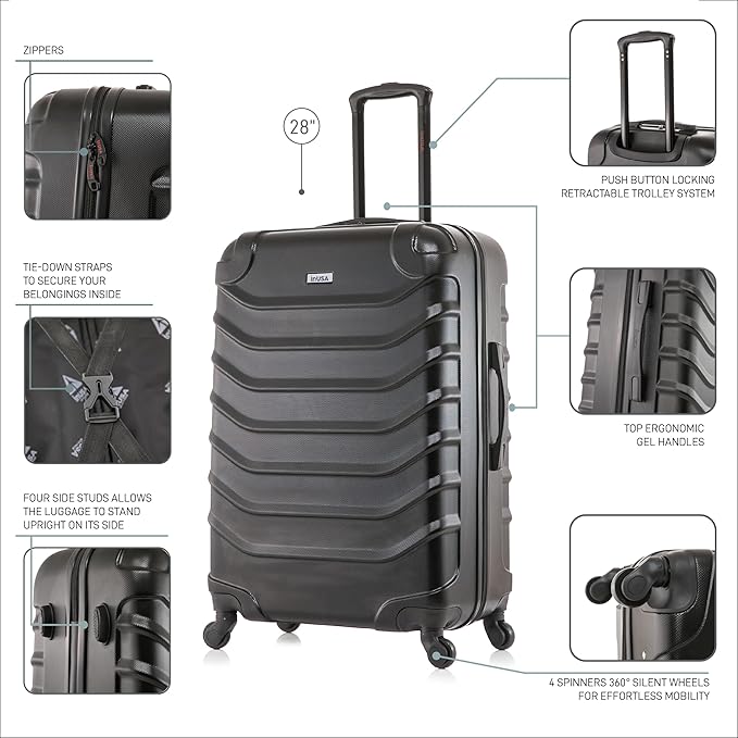 InUSA ENDURANCE Luggage with Spinner Wheels | Durable Lightweight Hardside Suitcase, Spacious Travel Bag with Handle and Trolley | 28-Inch Large Checked | Black