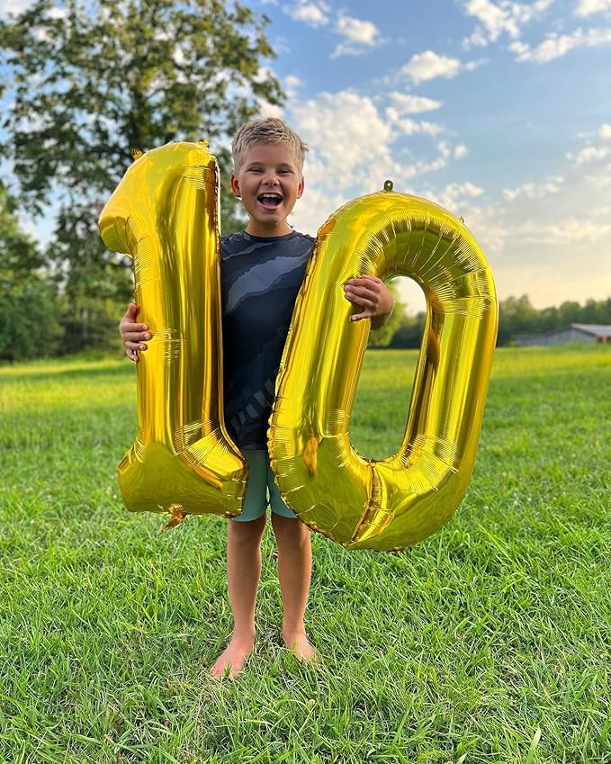 Gold Number 10 Balloon 40 Inch, 10th Birthday Party Decorations for Children, Giant 10 Foil Balloon for Party Supplies