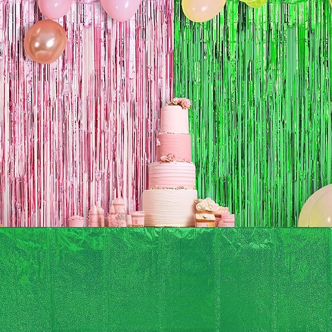 2 Pcs Iridescent Pink and Green Tablecloth Party Decorations, Holographic Foil Plastic Table Cloths for Rectangle Tables, Disposable Green and Pink Table Cover for Witch Theme Birthday Party Supplies