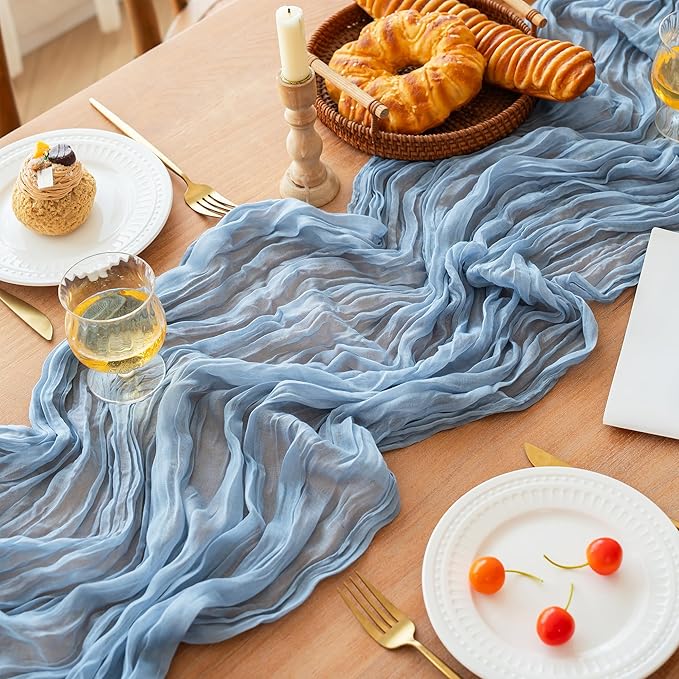 FEXIA Dusty Blue Cheesecloth Table Runner Boy Baby Shower Wedding Decorations Spring Gauze Table Runner for Bridal Shower Party Winter Wonderland Decoration 35x120 Inches