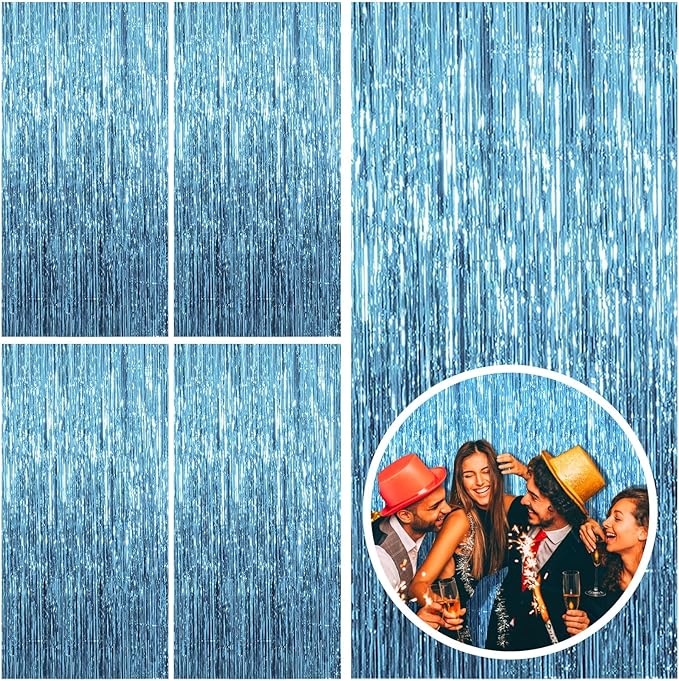5 Pack Blue Backdrop Curtain Tinsel Streamers Ocean Themed Decor Birthday Party Decorations Foil Fringe Backdrop Graduation Baby Shower Bachelorette Winter Party Decorations Supplies