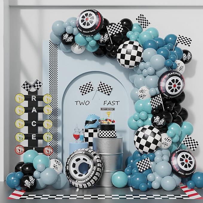 Race Car Balloon Garland Arch Kit 166PCS Dusty Blue Black Latex Balloon Wheel Checkered Foil Balloons for Race Car Two Fast Birthday Party Decorations