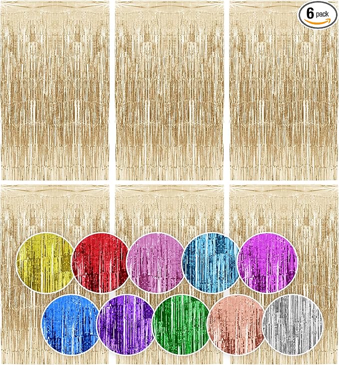 Homiest 6 Pack Champagne Tinsel Backdrop, 3.3x6.6 FT Metallic Tinsel Foil Fringe Curtains Party Decorations, Birthday Door Streamers for Baby Shower Wedding, Photo Booth Props Background Wall Decor