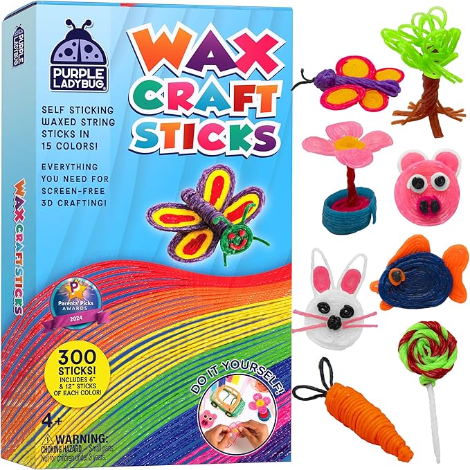 PURPLE LADYBUG 300 PCS Bendable Wax Craft Sticks, Imagination Sticks for Kids, Road Trip Essentials, Travel Toys for Toddlers in Car, Airplane Activities for Kids Ages 4-8, Camping & Summer Essentials