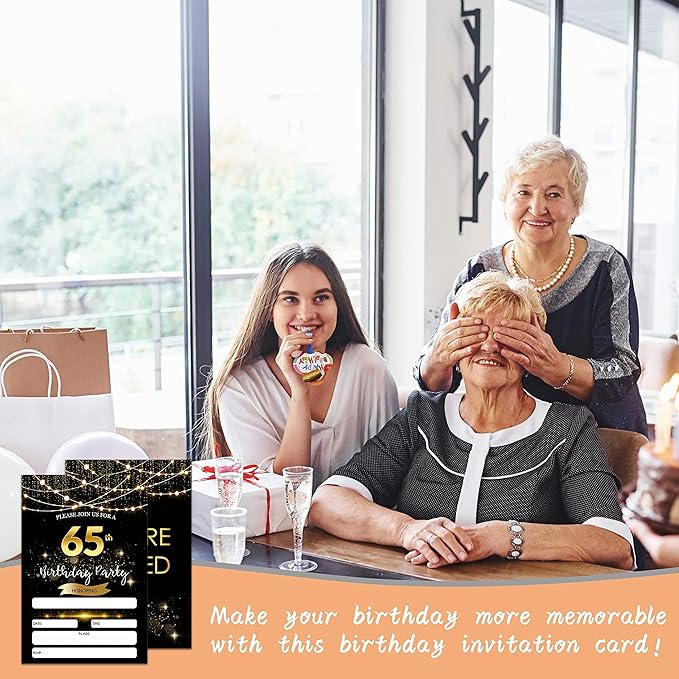65th Birthday Invitations with Envelopes - Black Gold Glitter Fill-in Invites Cards - Surprise Birthday Party Invitation Card for Him/Her - Adults Birthday Party Favors Supplies Decorations (20 Pack)