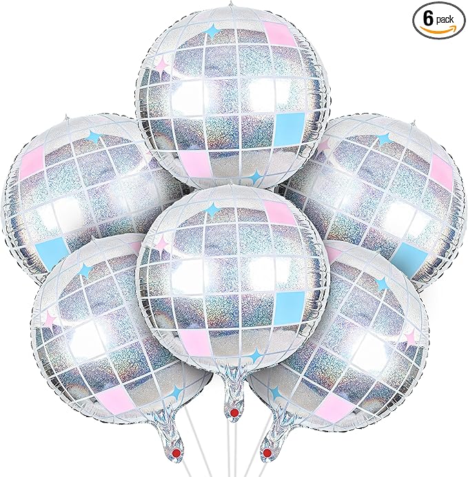 BTSD-home 6 Pack Iridescent Disco Ball Foil Balloons Iridescent Party Decorations 22 Inch Large Holographic Mirror Ball for Disco 70s 80s 90s Bachelorette Party Decor Balloon Arch Supplements