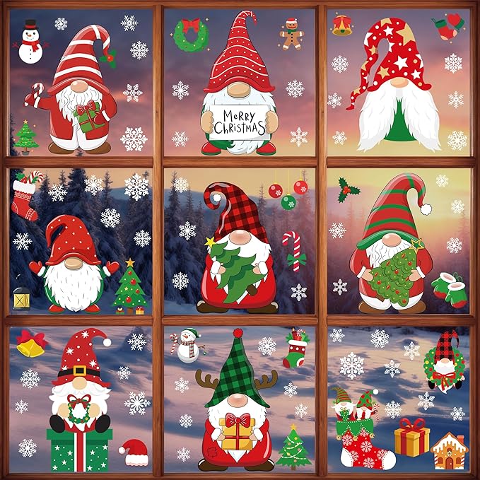 79 PCS Christmas Window Clings, Christmas Decorations, 9 Sheets Snowflake Xmas Window Decals Stickers for Glass, Cute Elf Decals for Ugly Sweater Party Decor Accessories Photo Booth Props