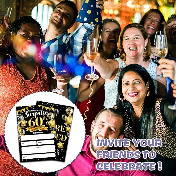 Surprise 60th Birthday Party Invitation, Black and Gold Fill-In Invites For Adult Woman & Man, 20 Invitations With Envelopes(4" x 6"), Party Favors Decorations And Supplies-04