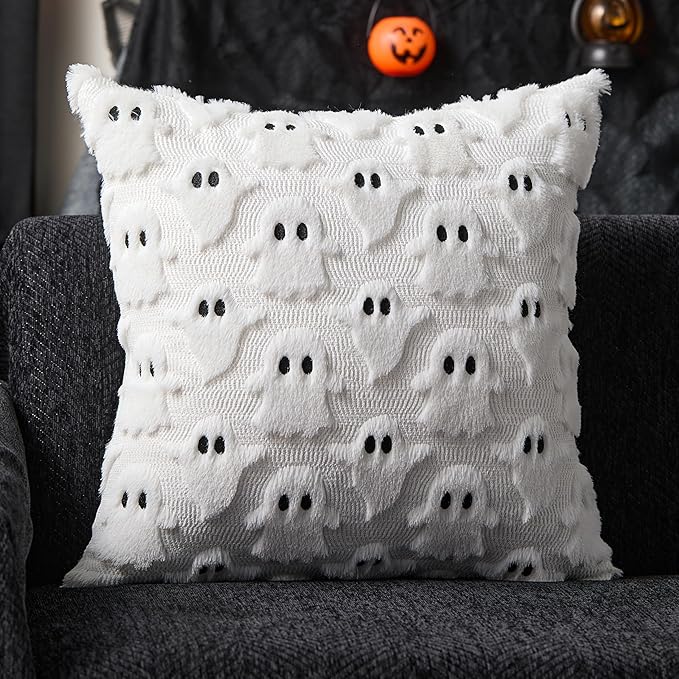 DFXSZ Halloween Pillow Covers 16x16 inch Set of 2 White Ghost Throw Pillow Cases Soft Plush Faux Fur Wool Couch Cushion Case for Chair Sofa Bedroom Living Room Home Decor PTK03A16