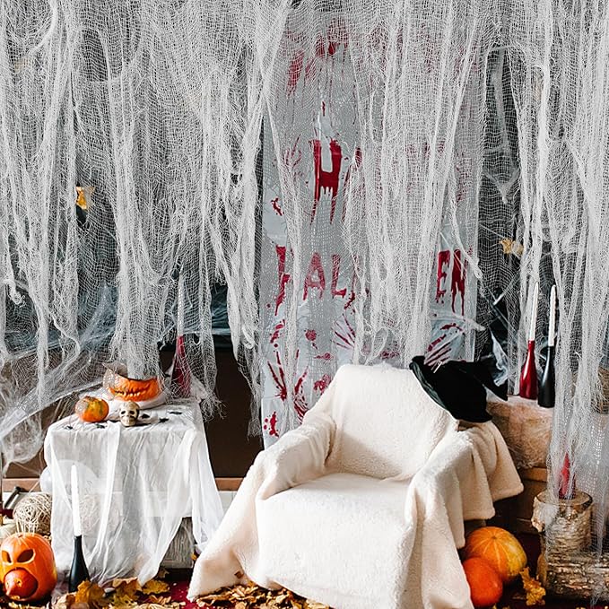 Watayo 500 x 59 Inch Halloween Spooky Cloth, White Large Size Halloween Creepy Cloth, Windows Doorways Cover Gauze for Haunted House Yard Horror Themed Party Decorations