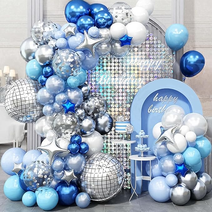 Blue Balloon Arch kit, Blue and White Balloon Garland with 22 Inch Disco Ball Balloons Metallic Silver Star Foil Balloons, Silver Confetti Balloons Metallic Blue Balloon for 80s Disco Party Decoration