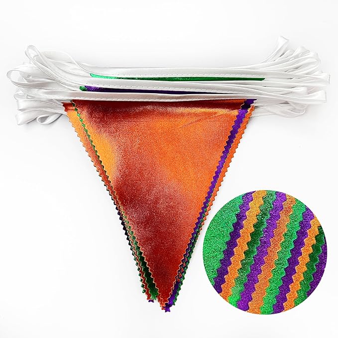 Halloween Party Decorations Metallic Fabric Green Orange Purple Triangle Pennant Banner Flag Bunting for Trick or Treat Spooky Hey Boo Happy Halloween Holiday Birthday Baby Shower Party Supplies