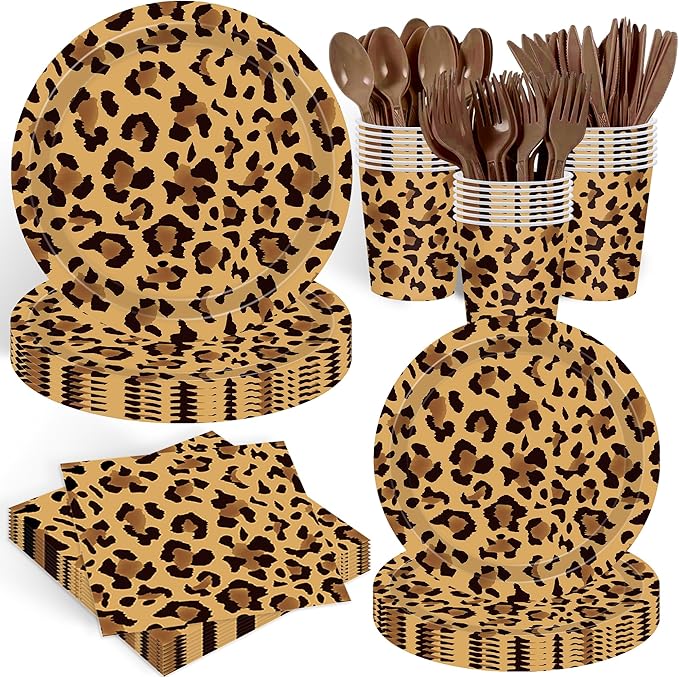 140PCS Leopard Print Party Decorations,Jungle Animal theme Decorations Include Tableware, Plate, Cup, Napkin, Cutlery, Animal Cheetah Print Birthday Party Supplies Serve 20
