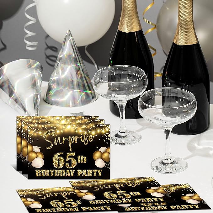 YSTEP 65th Birthday Party Invitations, 20 Black Gold Invite Cards with Envelopes, 4"x6" Foil Balloon Birthday Invites - B12