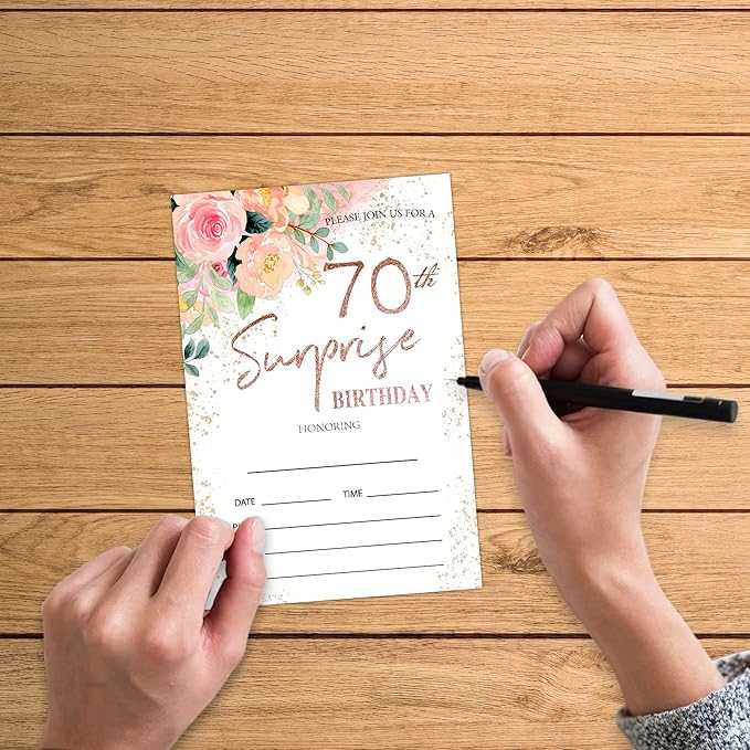 Zodvery Surprise 70th Birthday Party Invitations Cards - 70 Years old Rose Floral Pink Theme Party Supplies for Adult, Woman or Man - 20 Fill in Birthday Party Invitations and 20 Envelopes set/64