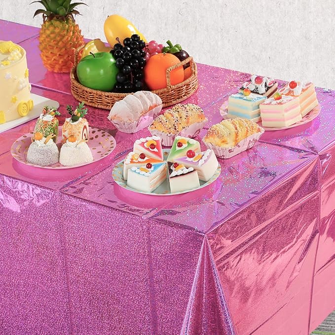 8 Pack Iridescence Plastic Tablecloths Shiny Disposable Laser Rectangle Table Covers Holographic Foil Tablecloth Iridescent Kpop Birthday Bridal Wedding Christmas Party Decoration, 54" x 108" (Pink)