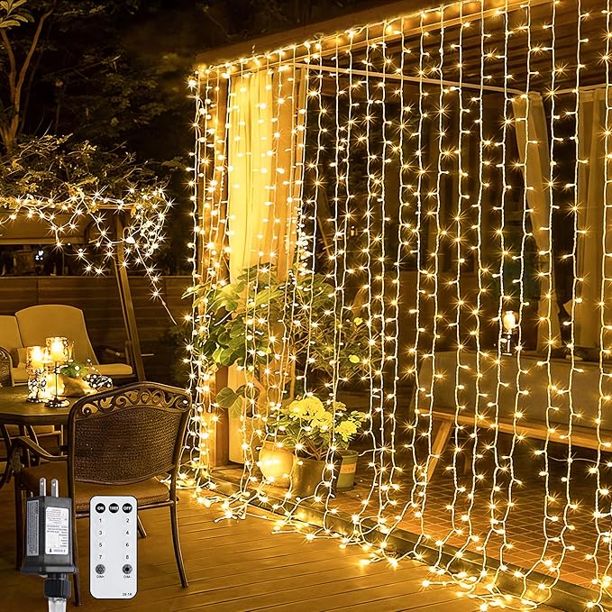 JMEXSUSS 300 LED Remote Control Curtain Lights, Plug in Fairy Curtain Lights Outdoor, Window Wall Hanging String Lights for Bedroom Indoor Dorm Backdrop Wedding Party Patio Christmas Decor, Warm White