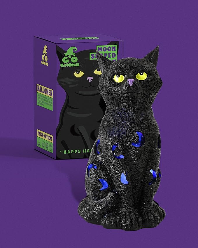 Black Cat Decor Halloween Decorations - 7.3'' Tall Resin Figurine with Moon Cutouts Color-Changing LED Flickering Lights (Halloween Cat)