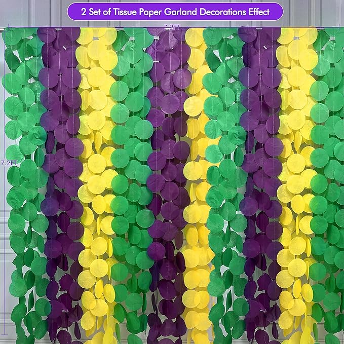 205 Ft Mardi Gras Party Decorations Purple Green Yellow Circle Dot Backdrop Garland Tissue Paper Polka Dots Hanging Streamer for Mardi Gras Birthday Wedding Baby Shower Masquerade Party Supplies