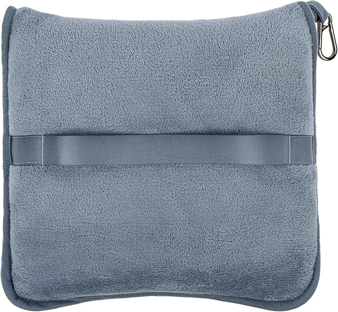 BlueHills Premium Soft Long Travel Blanket Pillow for Tall Airplane Flight Essentials Large Compact 2 in 1 Airline Throw Packable Warm Plane Traveling Comfort Accessories Grayish Blue T056