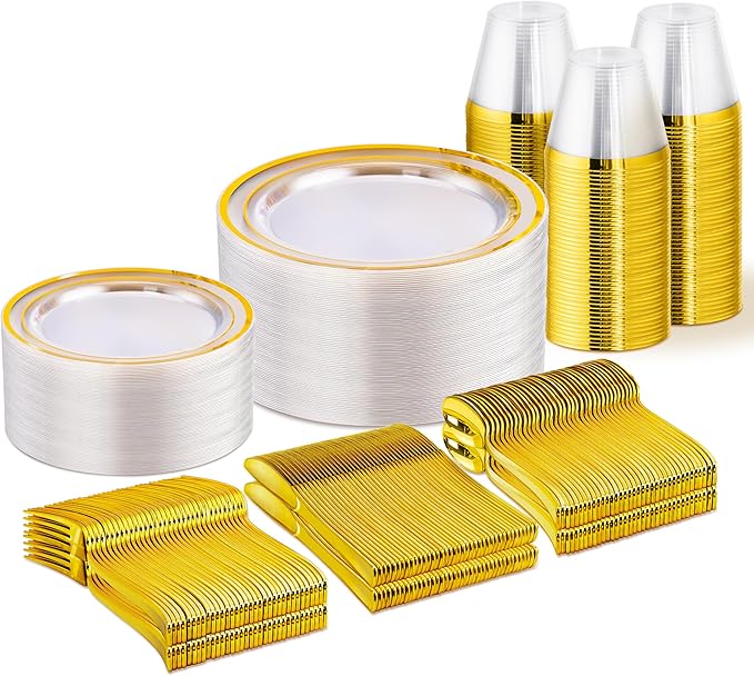 WELLIFE 300 PCS Clear Gold Dinnerware Set for 50 Guests, Clear and Gold Plastic Plates for Party, 50 Dinner Plates, 50 Salad Plates, 50 Cups Forks Knives Spoons for Wedding and Party Supplies