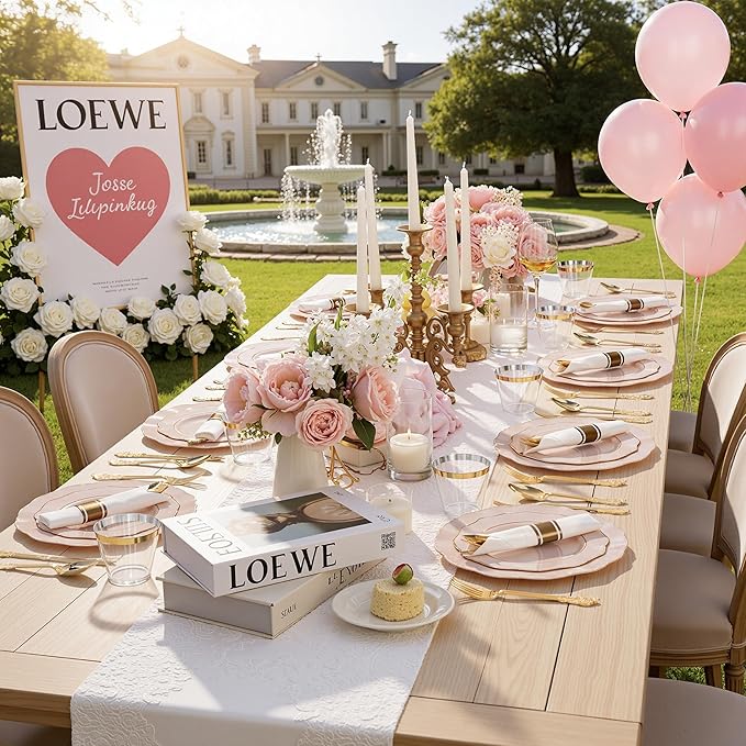 Liacere 350PCS Pink Plates Disposable-PinK Plates 50guest Baroque Plastic Dinnerware include 100Plates, 50Pack Pre Rolled Napkins with Silverware 50Cups Perfect for Wedding ＆ Easter Day