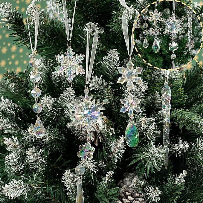 GuassLee 36pcs Crystal Christmas Tree Ornaments - Iridescent Acrylic Snowflake Icicle Drop Crystal Hanging Ornaments for Christmas Tree Winter Wonderland Frozen Themed Birthday Party Decor