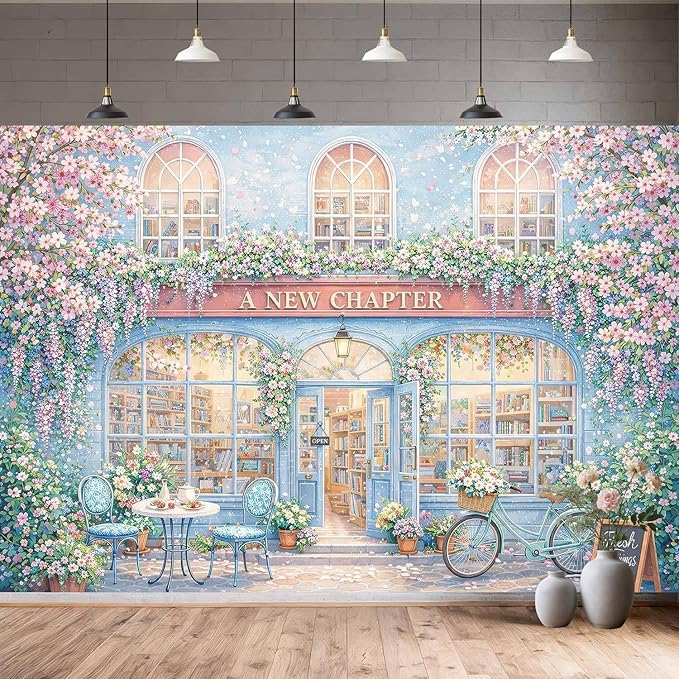 20X10ft A New Chapter Begins Backdrop Bridal Shower Blue Floral Book Shop Wedding Engagement Photography Background Bridal Shower Party Decoration Supplies Cake Table Photo Booth Studio Props