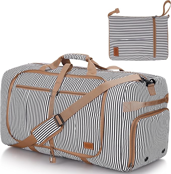 80L Large Duffle Bag for Travel, 26” Travel Duffel Bag with Shoe Compartment, Foldable Collapsible Overnight Bag Gym Bag Weekender Bags for Men Women, Water & Tear Resistant (Stripe, 80L)