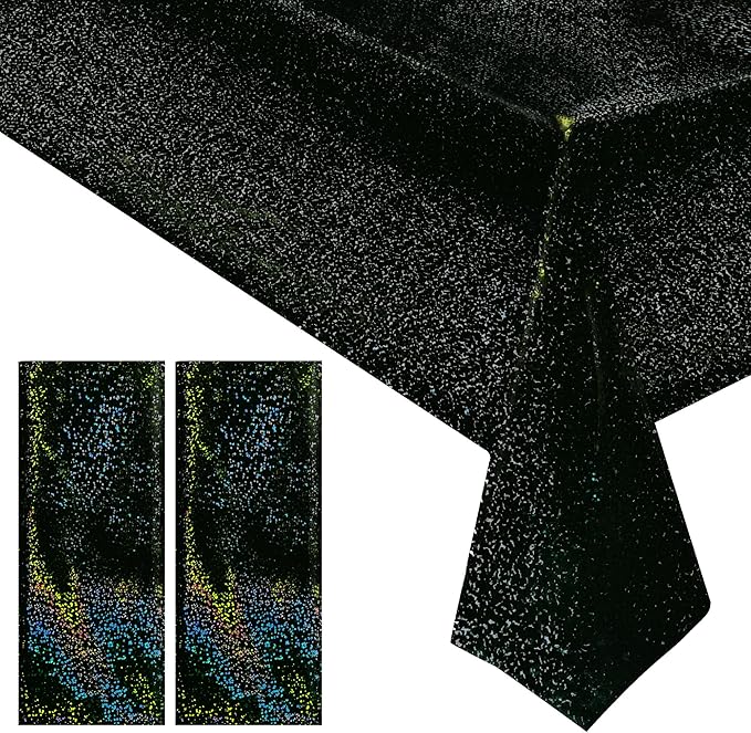 2 Pcs Black Holographic Laser Tablecloth Galaxy Space Table Cloth 40 * 108 Inch Shimmer Star TableCover for Halloween Birthday Graduation Neon Party Supplies Disposable Plastic Foil Table Decor