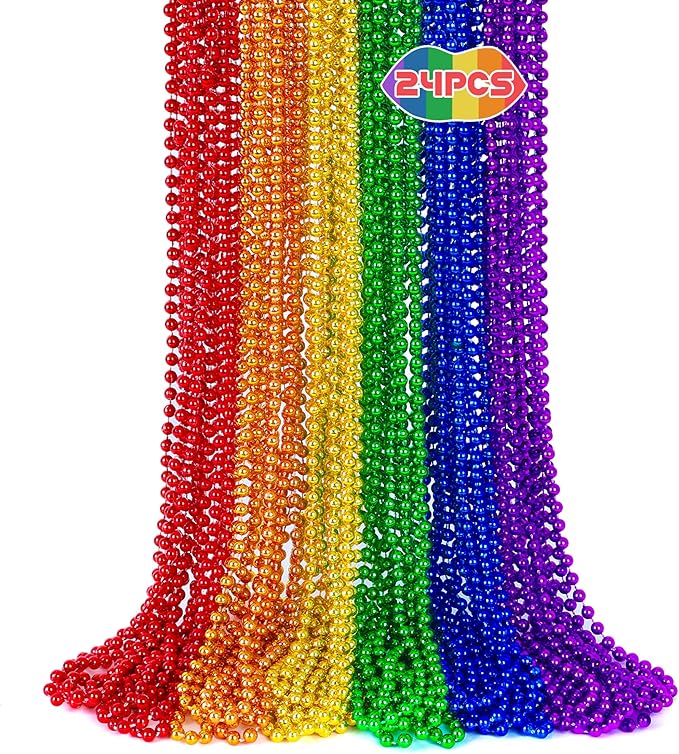 24PCS Pride Necklace Stuff, Rainbow Beads Pride Accessories, 6 Kinds of Metallic Rainbow Beads Bulk, Gay Lesbian Pride Necklace for Women Men, Costumes Decor for Pride Month Parade Throws Party Favors