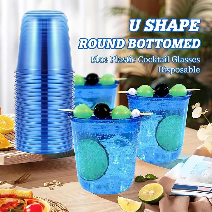 KesaPlan 100 Pcs Blue Plastic Cups, 12oz Disposable Stemless Wine Glasses for Cocktail Clear Wine Cups Cocktail Glasses Blue Party Cup for Wedding Birthday Meeting Christmas Party