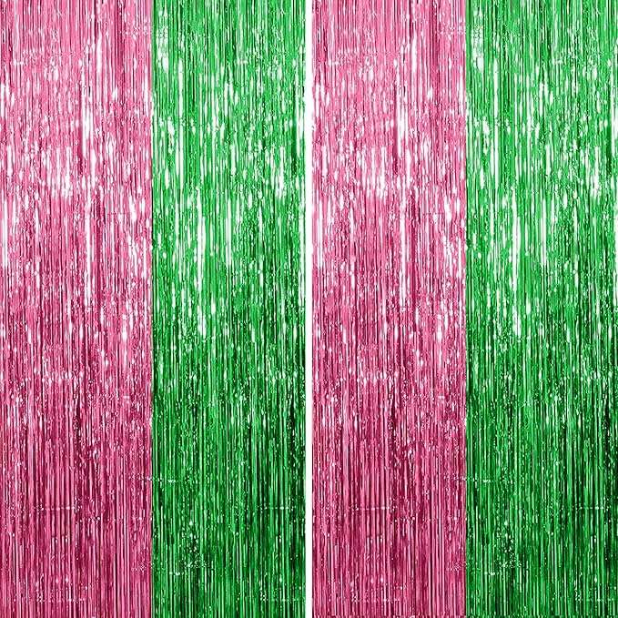 KatchOn, XtraLarge Green and Pink Fringe Backdrop, Pack of 2 - Streamer Backdrop for Flamingo, One in A Melon Party Decorations | Pink and Green Party Decorations | Princess Birthday Decorations