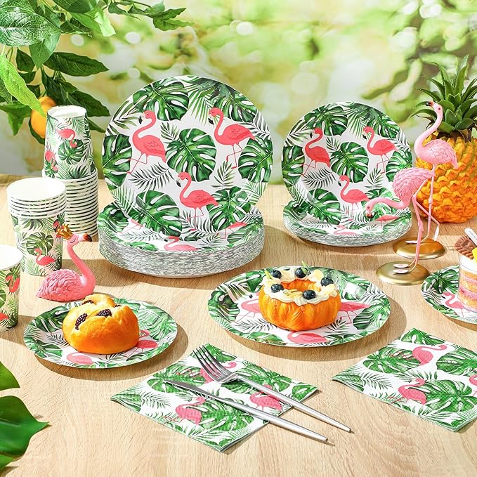 200 Pcs Tropical Flamingo Hawaiian Aloha Party Supplies Serve 50 Guests Luau Paper Plates Cups Napkins for Summer Beach Tableware Pool Party