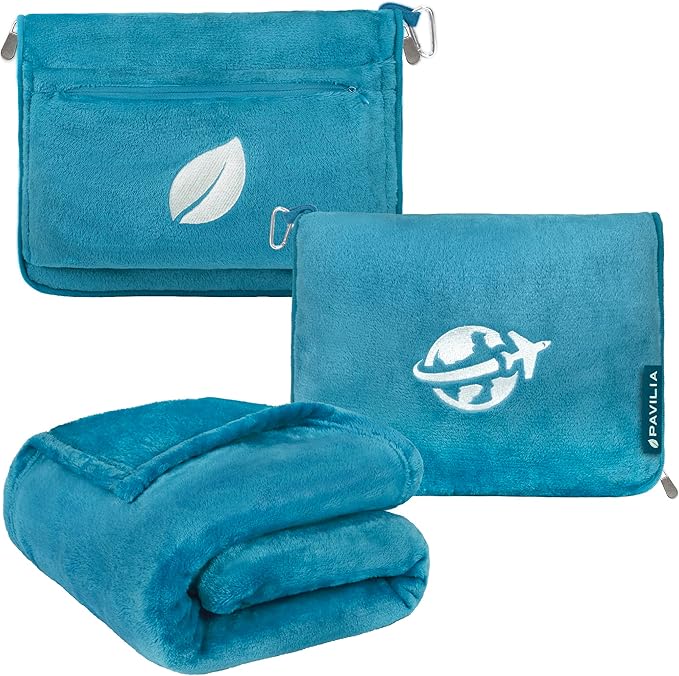 PAVILIA Travel Blanket and Pillow, Arms Opening Airplane Blankets for Adults, Compact Plane Blanket with Arm Hole 2-in-1 Bag for Flight Car Camping Fit in Luggage Backpack Traveler Gift, Teal Blue