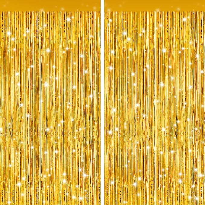 2Pack Gold Party Streamers, Gold Metallic Tinsel Streamers for Birthday Wedding Party Decors Graduation, Baby Shower, Photo Booth Props for Bachelorette Decors Xmas Halloween Party Supplies Backdrop