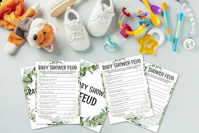 Baby Shower Game Cards, Baby Shower Feud Game, Tropical Jungle Theme Party Cards for Gender Neutral Boys or Girls, Set of 30 (Green004)