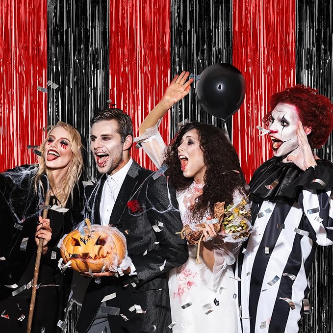 4 Pack Halloween Wall Backdrop, 3.28 FT x 7.05 FT Red and Black Party Streamer, Metallic Tinsel Curtains Fringe Backdrop Foil Streamer, Halloween Hanging Decor Casino Theme Party Decorations