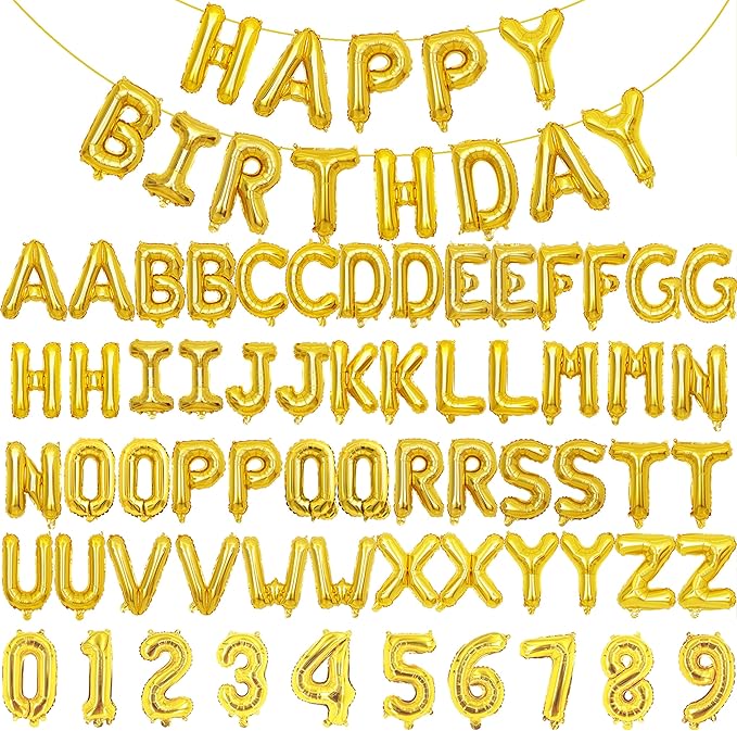 75pcs 16" Happy Birthday Balloon Banner, Gold Balloons Letters, Personalized Mylar Foil Birthday Decorations includes 2 Sets A- Z, 1 set Number 0-9 "HAPPY BIRTHDAY" letters