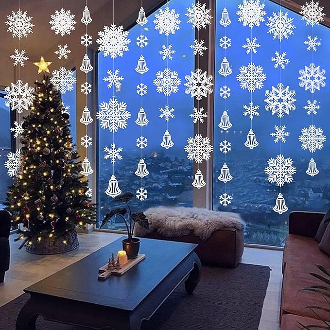 40Ft Snowflakes Party Decoration White Snowflakes Bell Garland Glitter White Paper Big Snowflakes Hanging Streamer Backdrop for Winter Wonderland Christmas Holiday Birthday Home Window Wall Room Decor