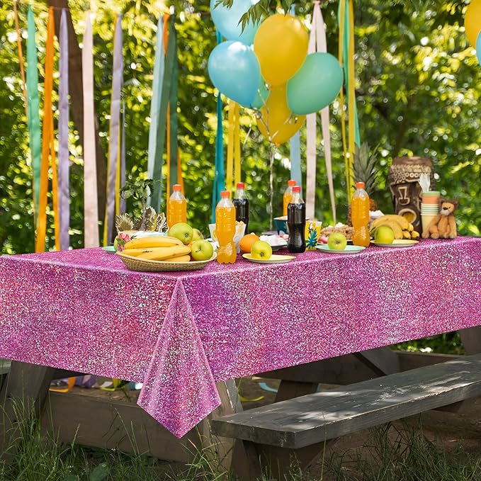 Sparkling Holographic Laser Tablecloth - Shimmering, Waterproof, Easy to Clean - Ideal for Bachelorette, Birthday, Wedding, and Anniversary Party Decorations (Pink & Silver, 2)