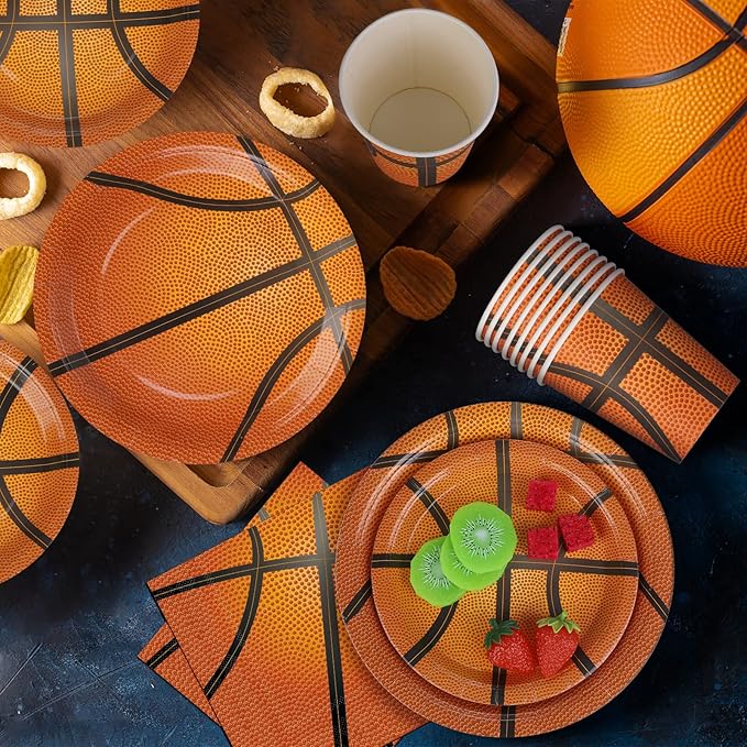 durony 96 Pieces Basketball Party Supplies Birthday Party Tableware Including Paper Plates, Cups, Napkins for Basketball Birthday Party, Serves 24 Guests